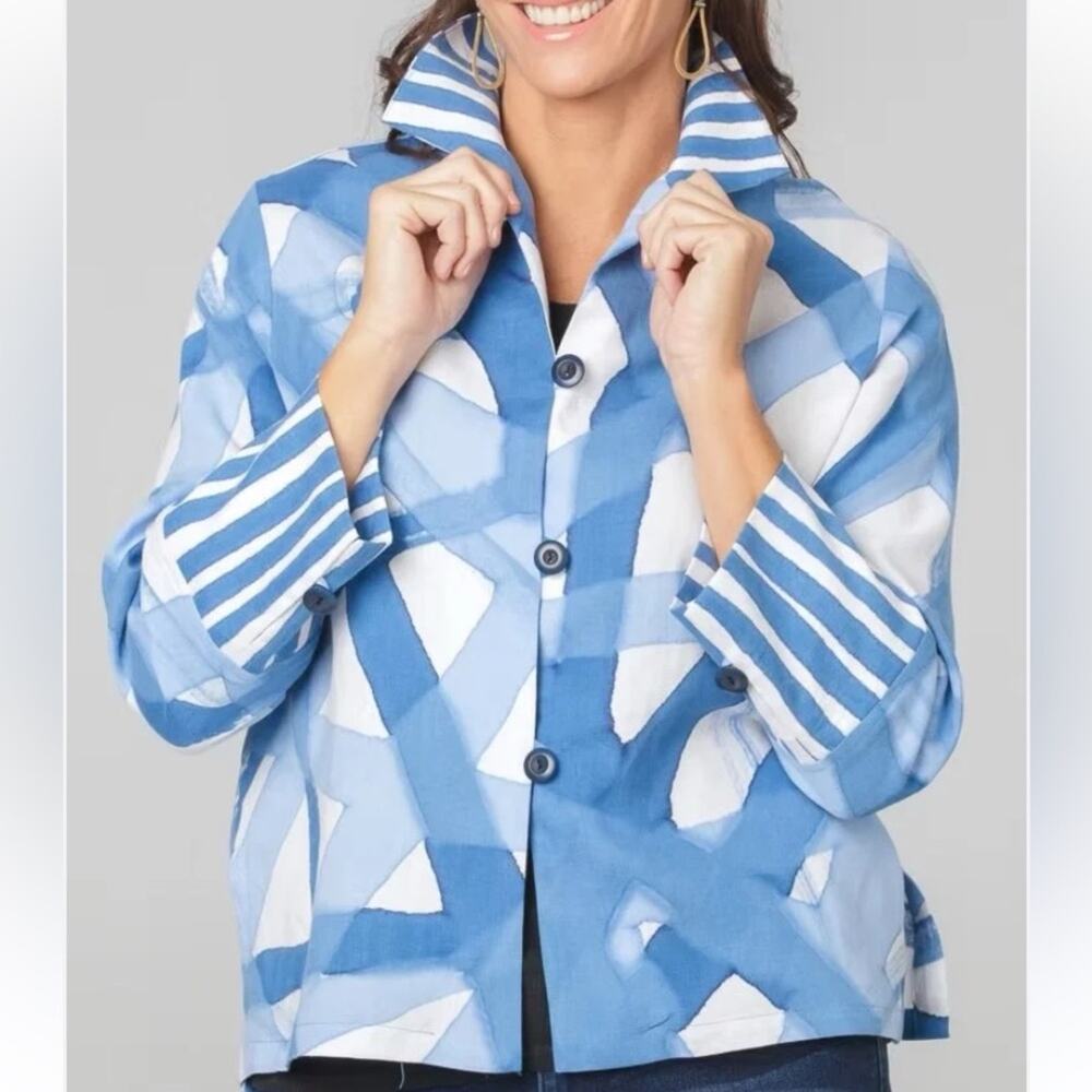 Kay Chapman Linen Blue White Abstract Pattern Blouse size medium